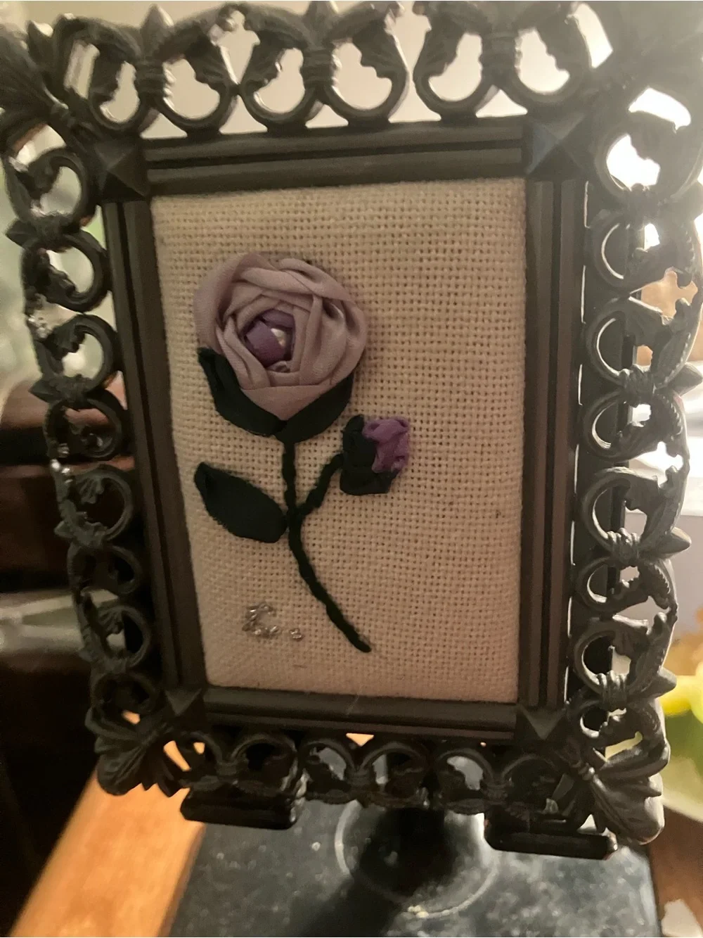 Handcrafted Needlepoint Victorian Lavender Rose Pewter Frame Accent 3 1/2 -4 1/2